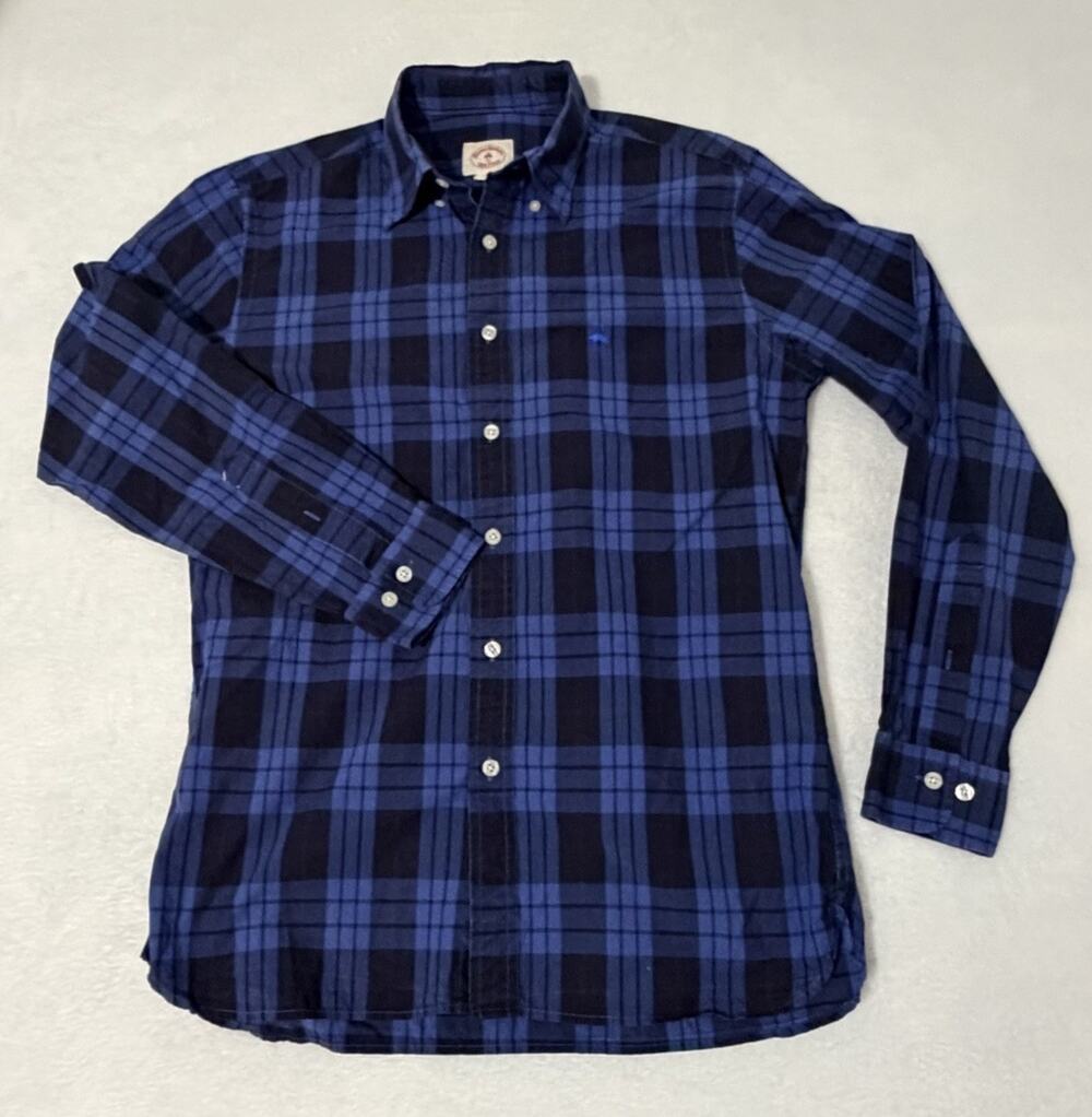 Brooks Brothers Red Fleece SMALL Plaid Button Down Shirt Blue Black 100% Cotton